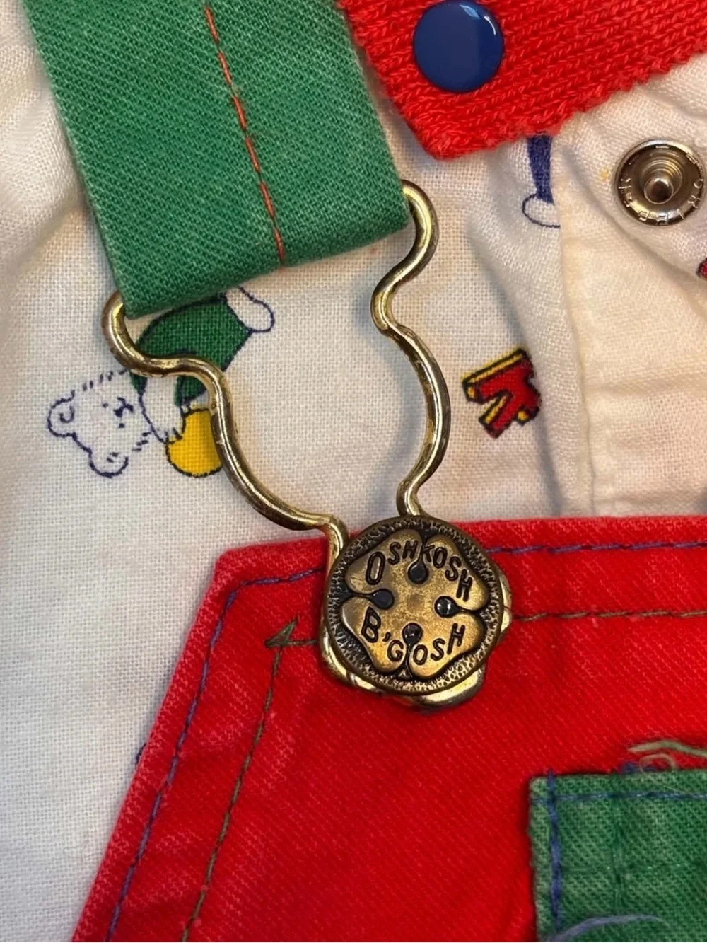 Vintage OshKosh B'gosh Bright Red Overalls with Green & Blue Accents and shirt